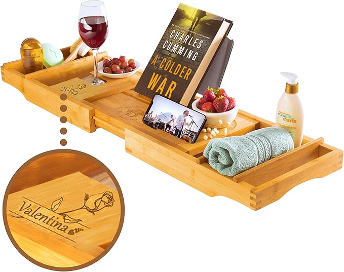 Personalized Bathtub Tray - Engraved Foldable Bamboo Bath Caddy, Tub Tray with Expandable Sides, Luxury Wooden Bath Table for Relaxation Spa - Customized Gift for Mom, Wife, New Home - Bloomnest