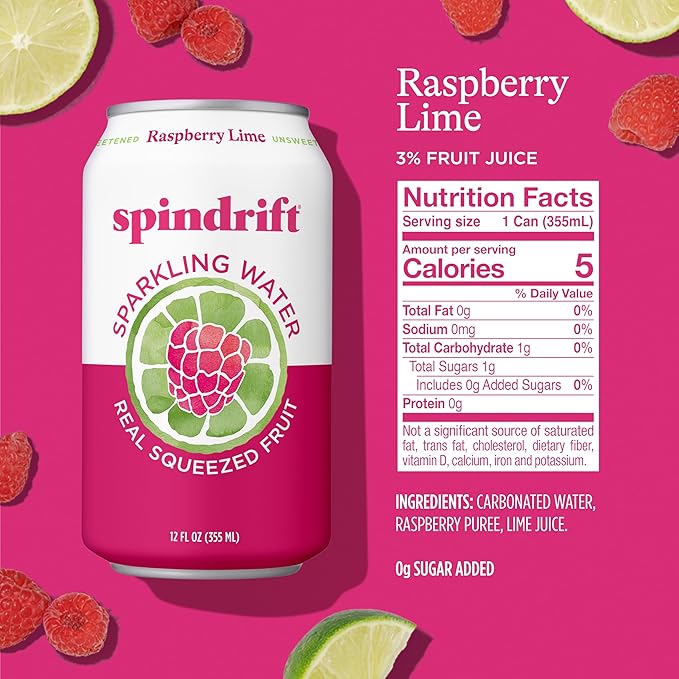 Spindrift Sparkling Water, Raspberry Lime Flavored, Made with Real Squeezed Fruit, Only 9 Calories per Can, 12 Fl Oz Cans, Pack of 24 - Bloomnest