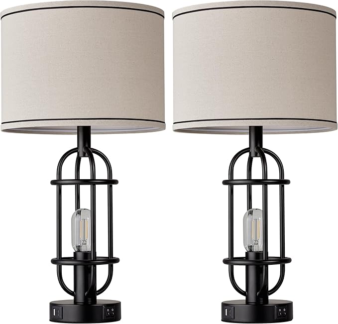 Black Table Lamps for Living Room Set of 2, 22.3" Farmhouse Lamps for Nightstand, Industrial Table Lamps for Bedroom with USB Ports, Bulbs Included - Bloomnest