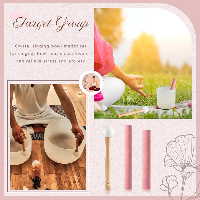 Nuanchu 3 Pieces Crystal Singing Bowl Mallet Set, Include Thick Suede Striker Solid and Hollow Sound Bowl Stick, Crystal Singing Bowl Rubber Mallet with Wood Handle for Playing Bowl (Pink) - Bloomnest