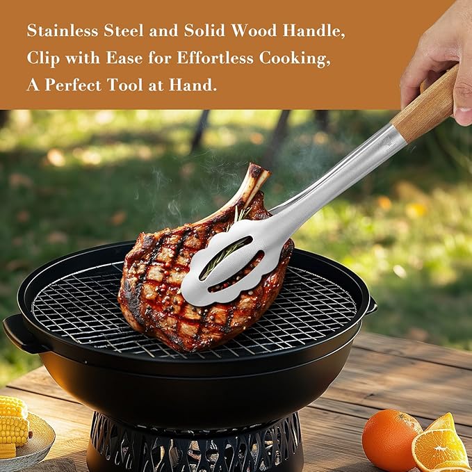 KULUNER Stainless Steel Barbecue Tongs with Solid Wood Handle, Kitchen Metal Locking Design, Extra Long 17.5 Inches 700 Degrees, Suitable for Food Cooking, Salad and Outdoor Grilling(Acacia) - Bloomnest
