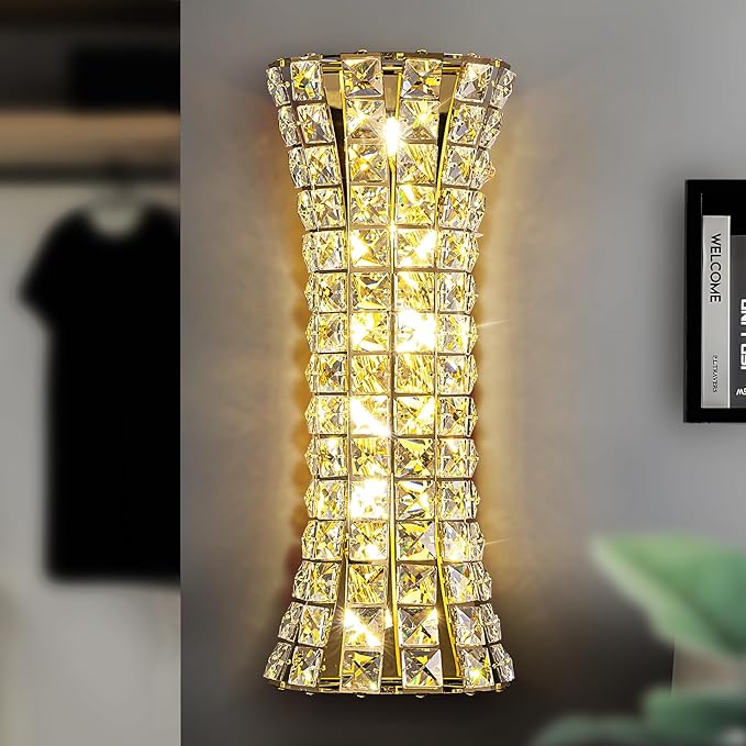 Crystal Wall Sconces,Modern Wall Light Fixtures,Luxury Indoor Gold Wall Lamp for Living Room Bedroom Bathroom Hallway Doorway Stairway,Bedside,Tricolor Vanity Lighting Fixture - Bloomnest