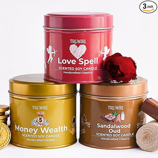 Love Spell, Money Wealth, Sandalwood Oud - Soy Candles Non Toxic - Highly Scented Long Lasting with Essential Oils - Variety Pack of 3 x 5oz - for Home Aromatherapy Meditation Gift Travel TRUMIRI