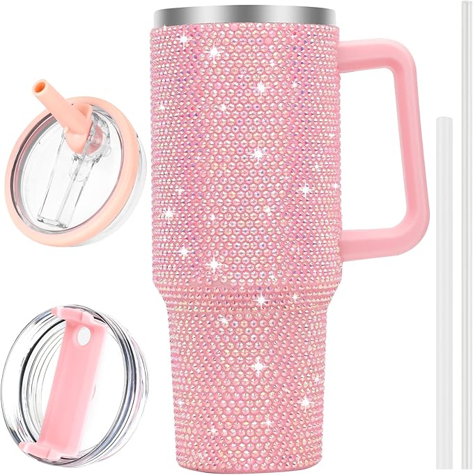 40 oz Tumbler with Handle and Flip Straw Lid, Insulated Leak Proof Double Walled Stainless Steel Rhinestone Diamond Studded Bling Travel Mug Tumblers, Maintains Cold Ice and Heat for Hours - Bloomnest