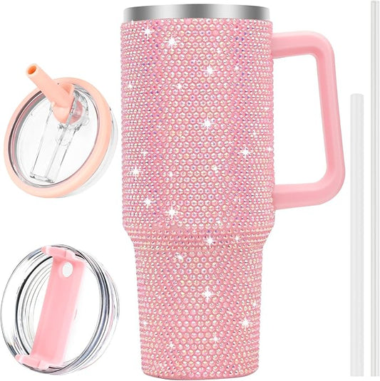 40 oz Tumbler with Handle and Flip Straw Lid, Insulated Leak Proof Double Walled Stainless Steel Rhinestone Diamond Studded Bling Travel Mug Tumblers, Maintains Cold Ice and Heat for Hours - Bloomnest