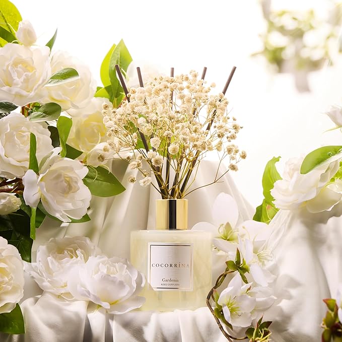 COCORRÍNA Reed Diffuser - Gardenia 6.7 Fl.oz Reed Diffuser Set with Sticks & Preserved Baby's Breath, Reed Diffuser for Home Bathroom Shelf Decor - Bloomnest
