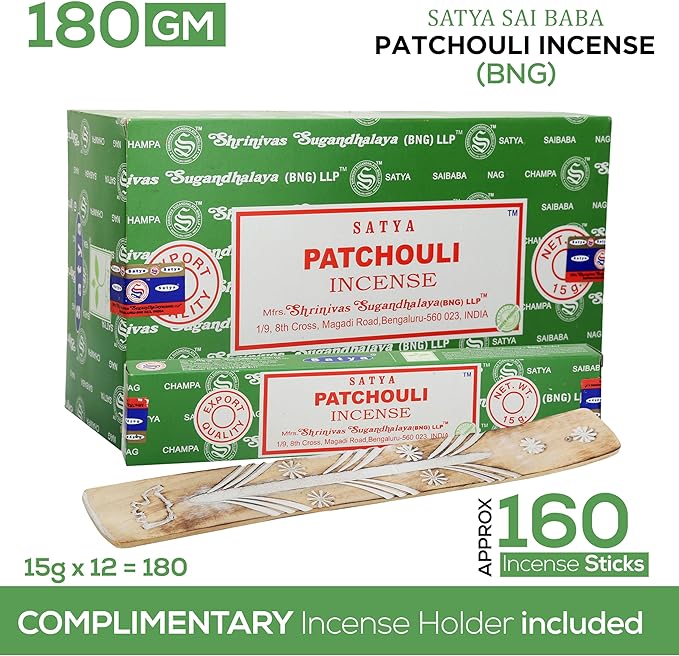 Satya Patchouli Incense Sticks, Satya Bng (Bangalore) Insenses 15gmx12 Pack with Raajsee Incense Holder Bundle, Satya Nagchampa Natural Incense - Bloomnest