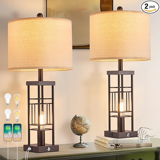 Table Lamp for Living Room Set of 2 with USB Charging Ports, 3-Way Dimmable 27.6" Farmhouse End Lamps for Bedroom, Industrial Nightstand Lamps,Bulbs Included(Oil-Rubbed Bronze) - Bloomnest