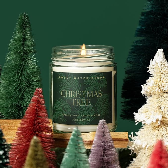 Sweet Water Decor Christmas Tree Candle - Spruce, Pine Needles and Evergreen Candles Scented Soy Candles for Home - Christmas Candle Gold Foil Pattern 9oz Clear Jar, 40 Hour Burn Time, Made in the USA - Bloomnest