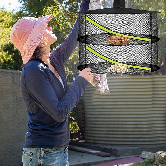 2 Layer Herb Drying Rack, Hanging Mesh Net, Foldable Plant Drying Rack with Diagonal Zipper, Garden Trimming Shears and Hooks, for Drying Herbs Plants, Fruits, Seafood, Clothing(2 Layers-23.62'') - Bloomnest