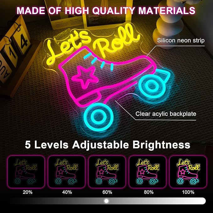 Lucunstar Let's Roll Neon Sign Roller Skating Neon Dimmable Led Sign Party Wall Decor Neon Light up Signs for Roller Skates Store Club Sports Venues Sign Player Room Gift - Bloomnest