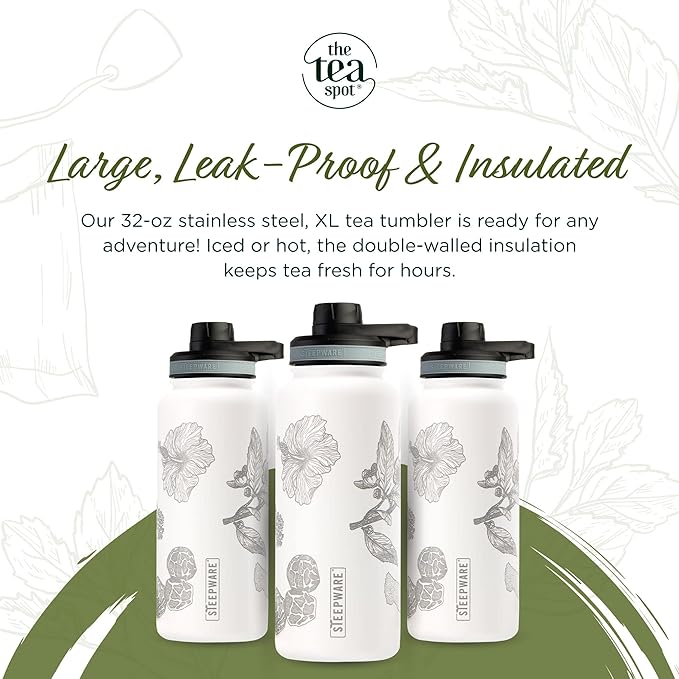 The Tea Spot Himalayan Tea Tumbler - Travel Bottle with Tea Infuser for Loose Leaf Tea or Iced Coffee - 32oz, White-Etched - Double-Walled Insulated Bottle - Keeps Drinks Hot & Cold for Hours - Bloomnest