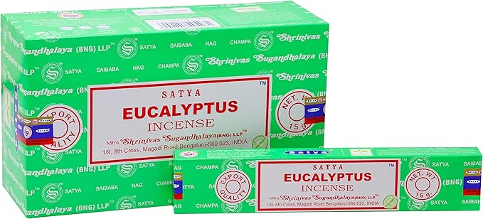 EARTH Satya Eucalyptus Incense Sticks 15 GMS (Pack of 12) (Green Certified) Indian Perfumed Hand Rolled Agarbatti Perfect for Worship,Relaxation, Medication. Earth