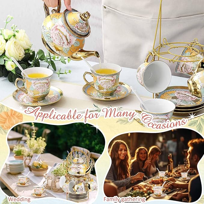 Zhehao 20 Pcs Porcelain Tea Set with Metal Holder and Spoon Adult Ceramic Tea Set European Flower Painting Teapot Cup Saucer Spoon for Women, Large Version(Classic Style) - Bloomnest