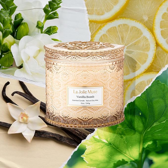 LA JOLIE MUSE Vanilla Bomb Candle | Lemon Zest, Fressia & Patchouli | 12 oz Large 2-Wick Soy Wax Candle | 60 Hours Clean Burn | Gift-Ready for Hosts | Elegant Home Décor - Bloomnest