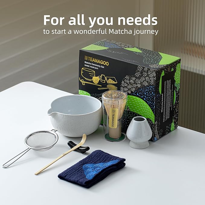 TEANAGOO Matcha Whisk Set,7 Pcs Matcha Set Lt.Grey,Matcha Kit for Ceremony,Matcha Tea Set for Making Breakfast/Latte,Matcha Whisk Set and Bowl with All Accessories,Gift for Matcha Lover/Friend/Family - Bloomnest