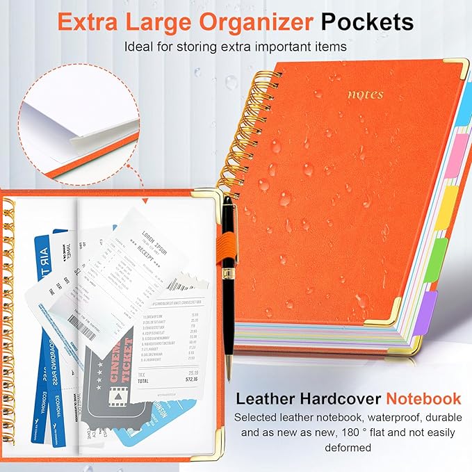Hardcover Spiral Notebook 8.5"x11" Journal Notebook with Tabs and Removable Dividers 300 Pages 5 Subject Notebook College Ruled, Faux Leather Spiral Bound Notebook for Women School Work (Orange) - Bloomnest
