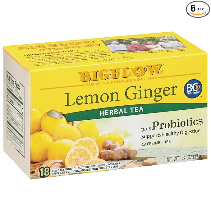 Bigelow Tea Lemon Ginger plus Probiotics Herbal Tea, Caffeine Free Tea with Lemon and Ginger, 18 Count Box (Pack of 6), 108 Total Tea Bags - Bloomnest