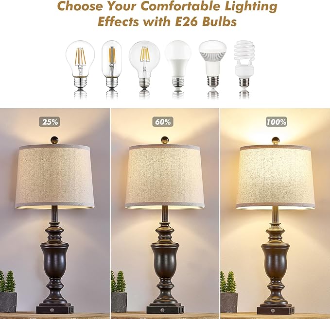 27.5" Set of 2 Farmhouse Table Lamps for Bedroom, 3 Way Dimmable Bedside Lamp with 2 USB +AC Outlet Nightstand Lamps for Living Room Resin Rustic Touch Lamps (Antique Black) - Bloomnest