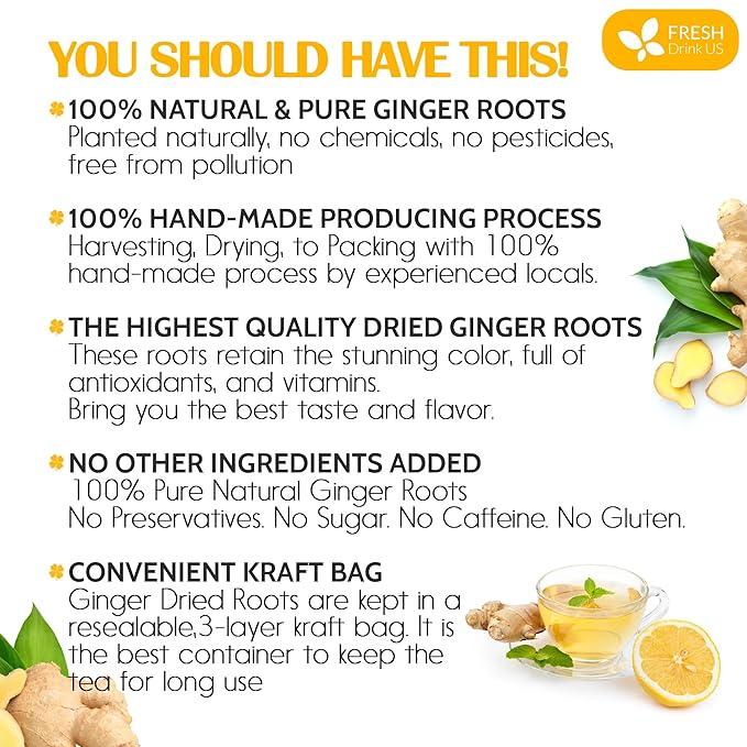 FreshDrinkUS, Premium 10oz Natural Ginger Roots, Cut and Sifted, 100% Natural & Pure from Ginger Roots, Ginger Tea, Ginger Loose Herbal Tea, No Additives, No Caffeine, Vegan - Bloomnest