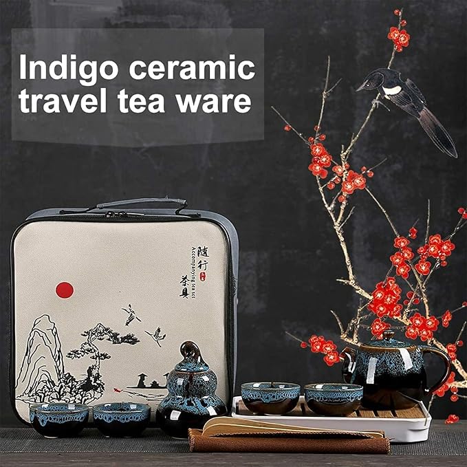 Chinese Kongfu Tea Set,Portable Porcelain Travel Tea Set with Tea cup, teapot, tea caddy, Bamboo Tray,Tea Clip,Tea towel and Carrying Bag Suitable for Travel, Home,Outdoor and Office
