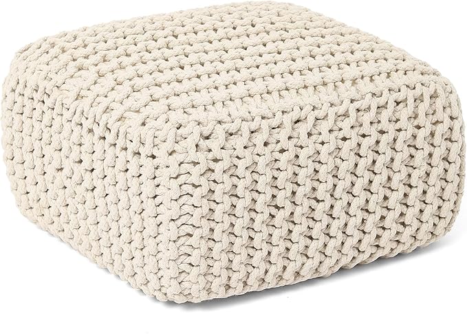 REDEARTH · Cube Low Pouf Foot Stool Ottoman - Hand Knitted Poof - Cord Boho Pouffe - Home Décor - Stuffed Footrest for Living Room - Nursery - Bedroom - Covered Patio - Room (16" x 16" x 8") - Ivory - Bloomnest