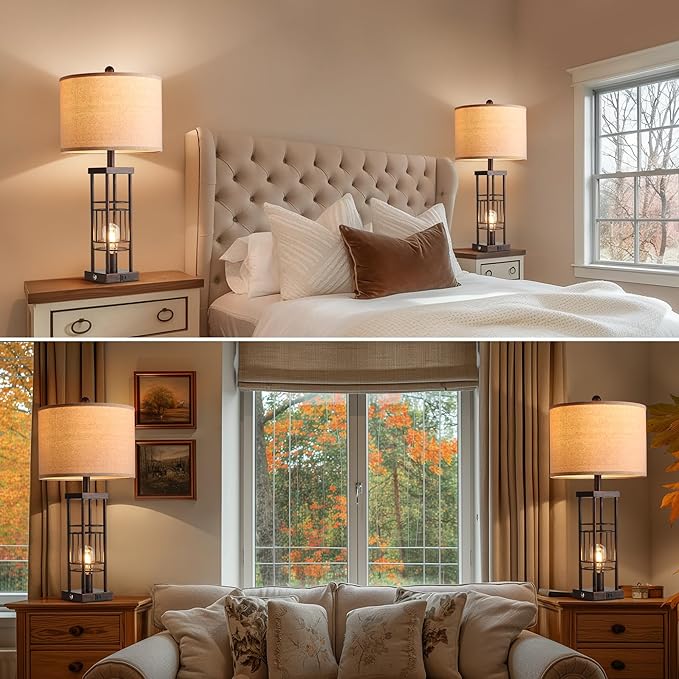 Table Lamp for Living Room Set of 2 with USB Charging Ports, 3-Way Dimmable 27.6" Farmhouse Lamps for Bedroom, Rustic Bedside Lamp, Industrial Nightstand Lamps,Bulbs Included - Bloomnest