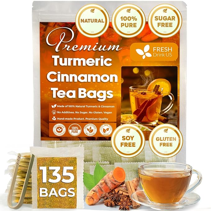 FreshDrinkUS, Premium 135 Turmeric Cinnamon Tea Bags, 100% Natural, Blend of Turmeric, and Cinnamon. Made with Natural Material Tea Bags. No Sugar. No Caffeine. Vegan. - Bloomnest