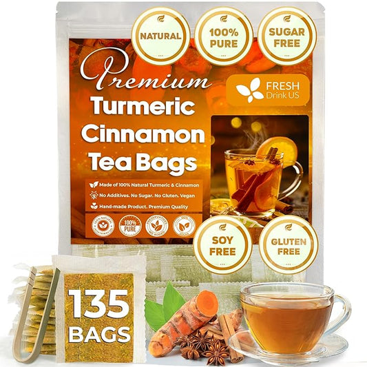 FreshDrinkUS, Premium 135 Turmeric Cinnamon Tea Bags, 100% Natural, Blend of Turmeric, and Cinnamon. Made with Natural Material Tea Bags. No Sugar. No Caffeine. Vegan. - Bloomnest