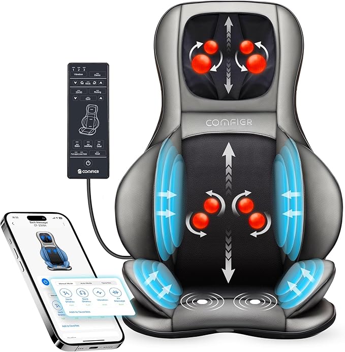 COMFIER Shiatsu Neck Back Massager with Heat and Compression,Adjustable Neck Rollers,App Control 2D or 3D Deep Tissue Kneading Massage Chair Pad, Chair Massager,Ideal Gifts for Dad, Mom - Bloomnest
