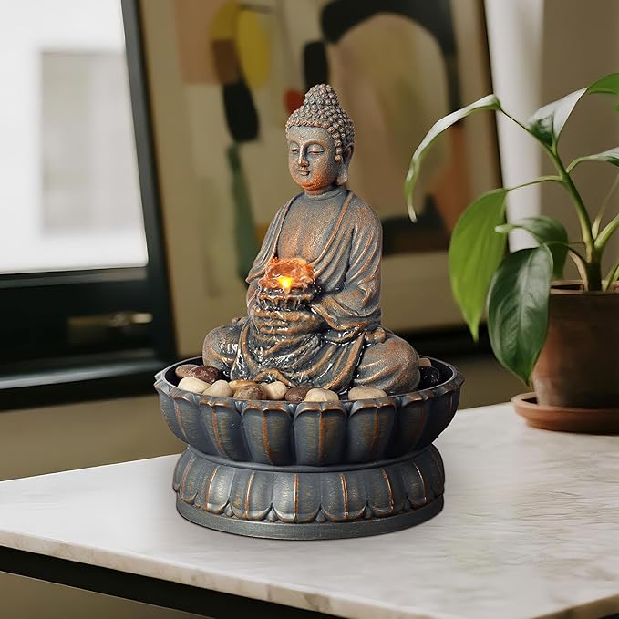 Kalona Home Décor 9.6" Tabletop Fountain Exquisite Smile Sitting Buddha Fountains Desk Water Fountain Decorative Zen Fountain w/Reflective Lighting/Cobblestone Office and Home Decor(21125A) - Bloomnest