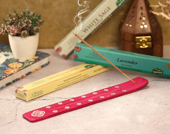 Bless-International Traditional-Handmade-Burner Wooden-Incense-Stick-Holder Ash-Catcher-Stand for-Aromatherapy-Meditation-Yoga (Heart Pink) 10 Inches, Pack of 2 - Bloomnest