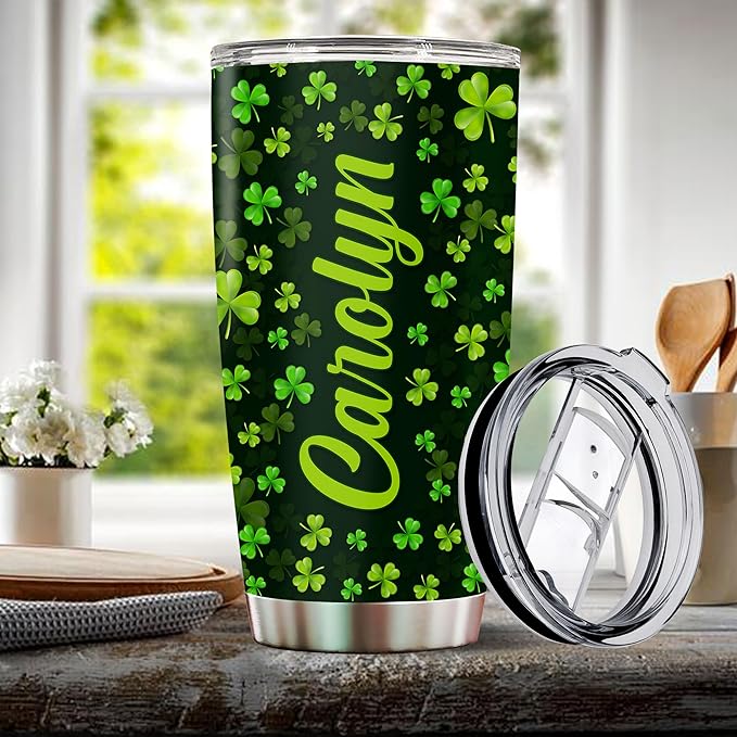 Personalized Green Irish Shamrocks Tumbler For Women with Lid Insulated 20 oz Stainless Steel Water Bottle Coffee Cup Travel Mug Gift For Mom Daughter Wife Girls - Bloomnest