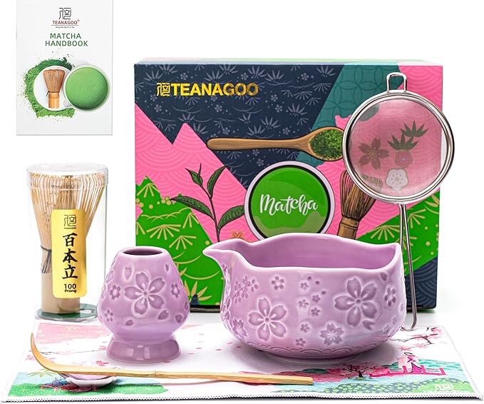 TEANAGOO 7-PCS Purple Matcha Whisk Set with Cherry Blossom Design, Complete Ceremony Kit, Ceramic Chawan Bowl with Spout, Whisk & Accessories, Traditional Matcha Tea Set for Lattes& Gift Giving - Bloomnest