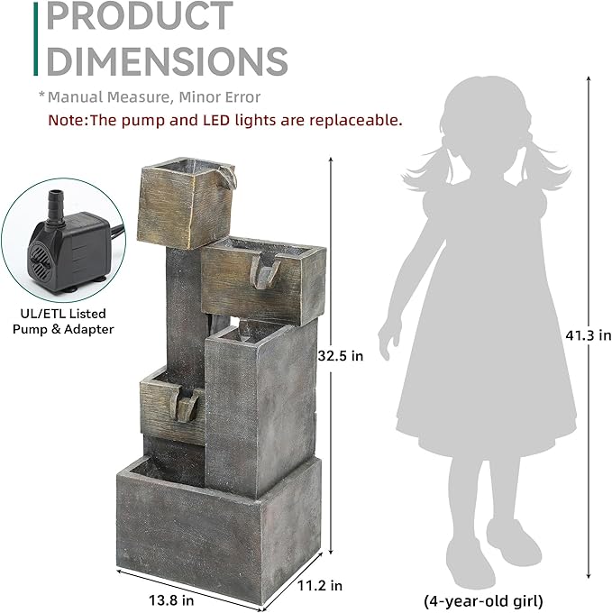 32.5" Modern Outdoor Water Fountain with LED Lights, 5-Tier Stacked Blocks Garden Fountain Cascading Waterfall Feature for Relaxing Garden, Patio, Backyard, Deck, Porch or Home Décor - Bloomnest