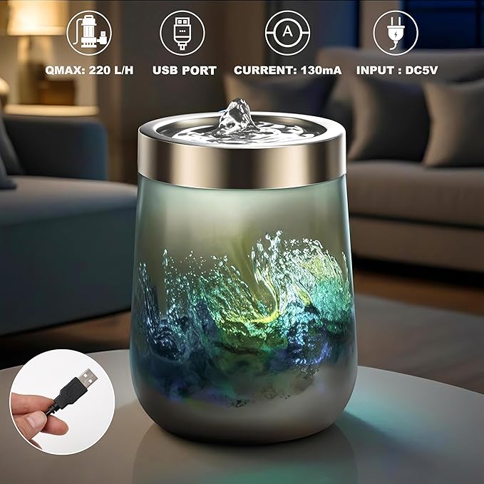 VOREEN Handblown Glass Tabletop Fountain – Grey Art Glass Indoor Fountain with Cool White Ambient Glow – Optional Aromatherapy for Home, Spa, Office Décor - Bloomnest