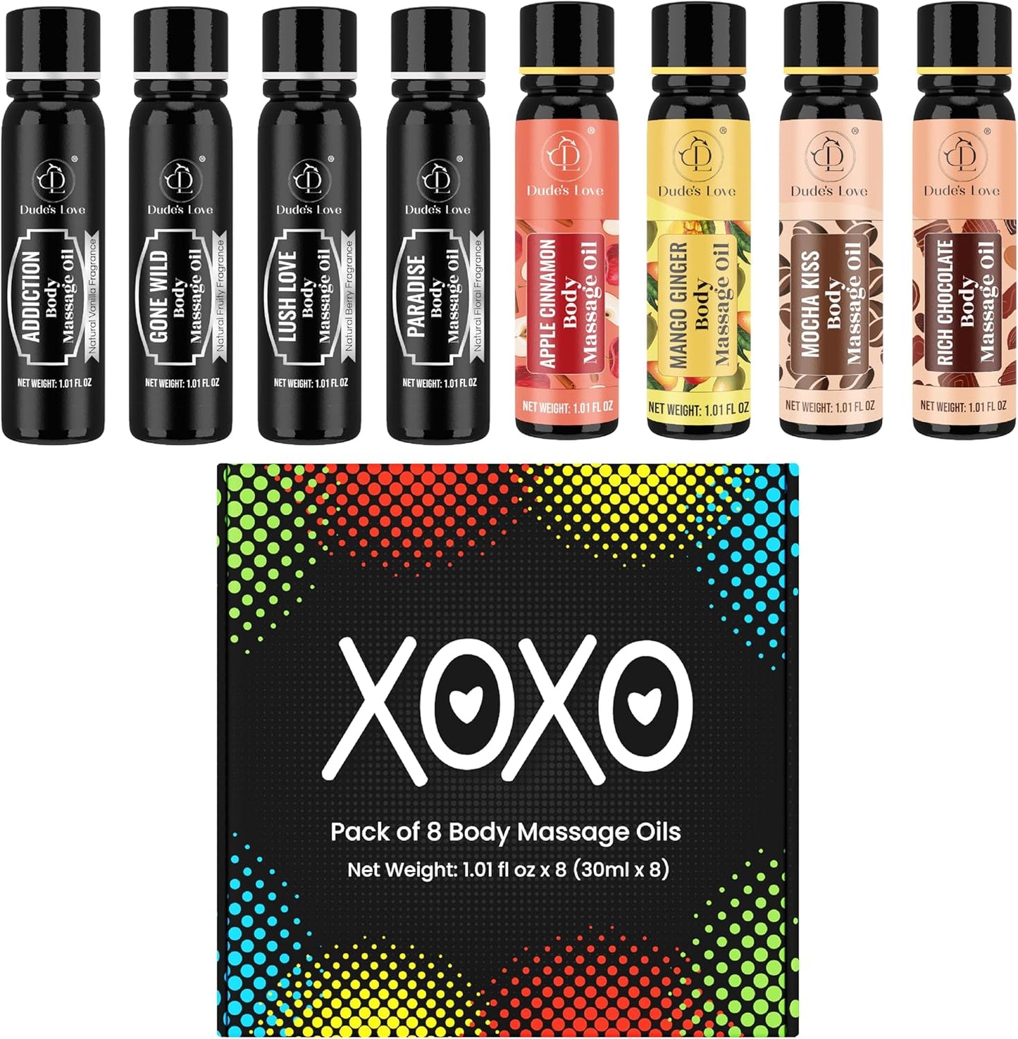 XOXO - 8 Piece Flavoured Body Massage Oils Set - Natural Pleasant Aroma for Men & Women - Quality Assurance, Nourishing & Moisturizing - 240ML/8.11 FL Oz - by Dude’s Love