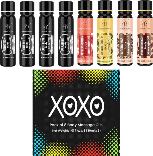 XOXO - 8 Piece Flavoured Body Massage Oils Set - Natural Pleasant Aroma for Men & Women - Quality Assurance, Nourishing & Moisturizing - 240ML/8.11 FL Oz - by Dude’s Love
