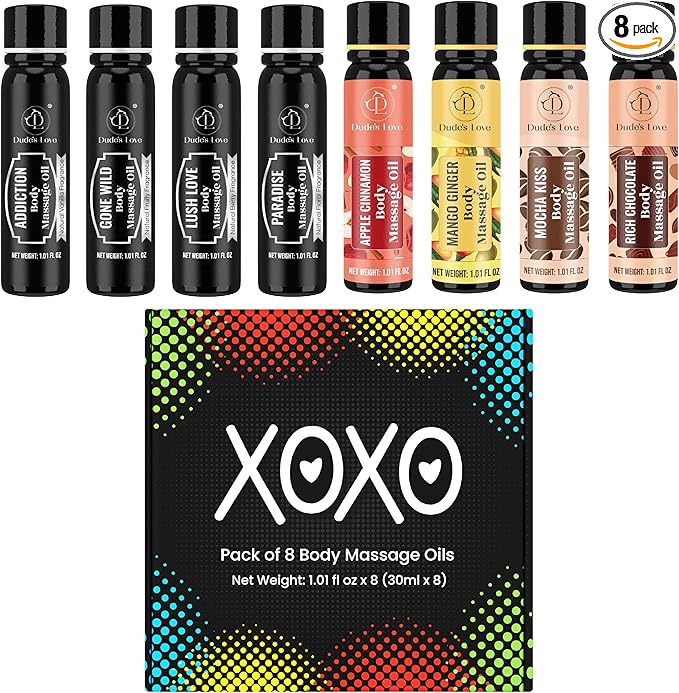 XOXO - 8 Piece Flavoured Body Massage Oils Set - Natural Pleasant Aroma for Men & Women - Quality Assurance, Nourishing & Moisturizing - 240ML/8.11 FL Oz - by Dude’s Love - Bloomnest