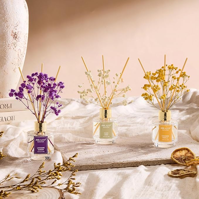 Airkeep Reed Diffuser Set of 3,Clean Linen Cashmere Vanilla Lavender Garden Oil Reed Diffusers for Bedroom Living Room Office Aromatherapy Oil Reed Diffuser for Gift 50ml x 3 - Bloomnest