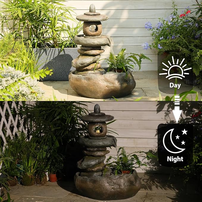 28" H Imitation Rock Pagoda Design Outdoor&Indoor Cascading Water Fountain, Natural Zen Decor Waterfall with LED Lights - Suitable for Garden/Patio/Yard/Deck/Balcony and Home Art Decor （Resin） - Bloomnest