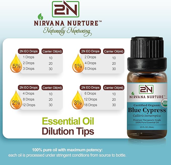 Blue Cypress Essential Oil, USDA Certified Organic, 100% Pure Undiluted, Aromatherapy Oil for Diffuser, Hair & Skin Care NirvanaNurture