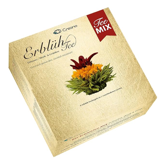 Creano Tea Flowers Mix Golden Gift Set Blooming Tea with Glass Teapot White, Green & Black Tea in 6 Varieties Tea Flower Blooming Tea Gift for Women - Bloomnest