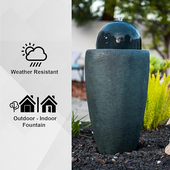 XBrand 25.98" H Round Stone Indoor/Outdoor Modern Stone Textured Sphere Water Fountain w/LED Lights, Dark Green - Bloomnest