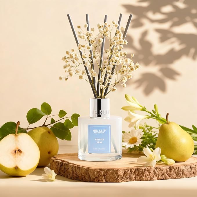 Airkeep Reed Diffuser Set,3.38 fl oz (100 ml) - Freesia Pear Oil Diffusers with 8 Reed Sticks, Home Fragrance Reed Diffuser for Bathroom Shelf Decor - Bloomnest