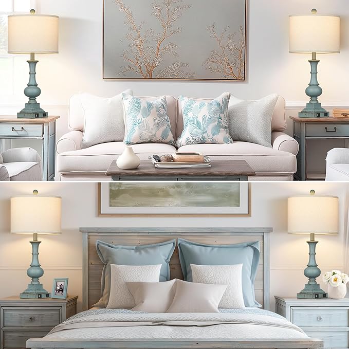 Farmhouse Table Lamps Set of 2, 26" Vintage Rustic Touch Control 3-Way Dimmable Bedside Lamp with USB A+C Ports & AC Outlet, Blue Nightstand Lamp for Living Room Bedroom End Table(LED Bulbs Included) - Bloomnest