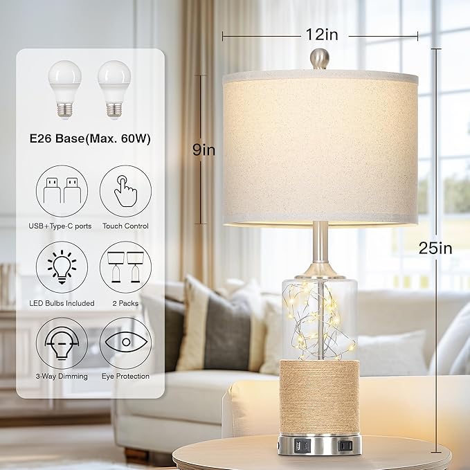 25" Coastal Glass Lamps Set of 2, Touch Control 3-Way Dimmable Night Light Modern Table Lamp with USB A+C Ports & AC Outlets Linen Fabric Shade for Living Room Bedroom Silver Ocean(LED Bulbs Included) - Bloomnest