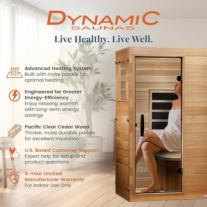 DYNAMIC SAUNAS Elite 1 Person Compact Ultra Low EMF FAR Infrared Sauna with Red Light Therapy & Bluetooth Speakers - Personal Indoor for Home & Gym DynamicSaunas