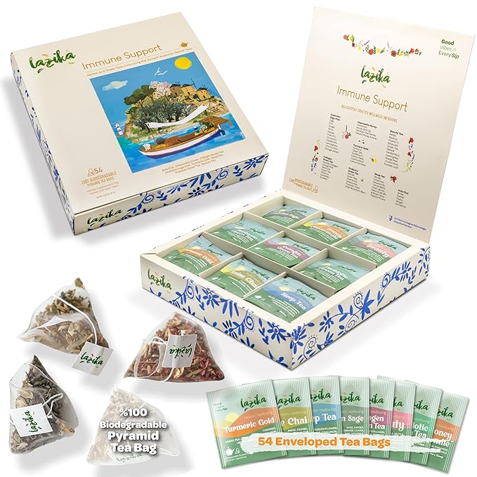 Lazika Herbal Tea Variety Pack with Lovely Presentation Box, 54 Counts, Immune Support Tea Assortment Gift Set, Premium Collection with Pyramid Infuser Bag, Handcrafted - Bloomnest