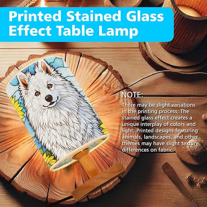 American Eskimo Table Lamp LED 3-Color Pressed Bedside, Dog Shade Lamp with Wood Base for Bedroom Living Room Desk Office - Bloomnest